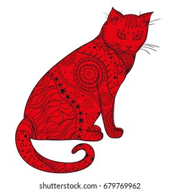 Cat. Design Zentangle. Hand drawn cat with abstract patterns on isolation background. Design for spiritual relaxation for adults. Zen art. Decorative style. Line art creation.