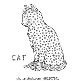 Cat. Design Zentangle. Hand drawn cat with abstract patterns on isolation background. Design for spiritual relaxation for adults.  Black and white illustration for coloring. Zen art. Decorative style