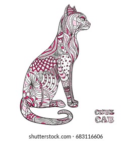 Cat. Design Zentangle. Hand drawn cat with abstract patterns on isolation background. Design for spiritual relaxation for adults. Zen art. Decorative style. Line art creation. Print for polygraphy 