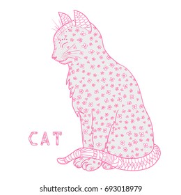 Cat. Design Zentangle. Hand drawn cat with abstract patterns on isolation background. Design for spiritual relaxation for adults. Zen art. Decorative style. Print for polygraphy, posters and textiles