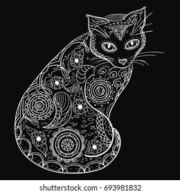 Cat. Design Zentangle. Hand drawn cat with abstract patterns on isolation background. Design for spiritual relaxation for adults. Print for polygraphy, posters, t-shirts and textiles. Zen art