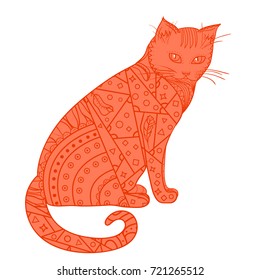 Cat. Design Zentangle. Hand drawn animal with abstract patterns on isolation background. Design for spiritual relaxation for adults. Decorative style. Print for polygraphy, posters and textiles