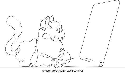 Cat with a desktop computer, a laptop with a pet.One continuous line.Cat logo.One continuous drawing line logo isolated minimal illustration.