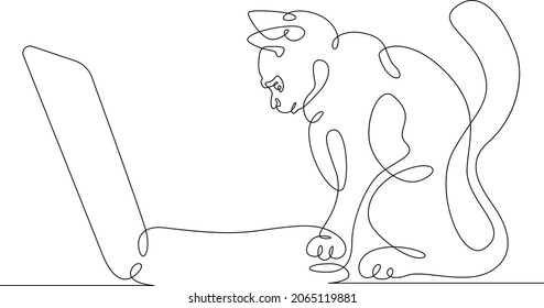 Cat with a desktop computer, a laptop with a pet.One continuous line.Cat logo.One continuous drawing line logo isolated minimal illustration.