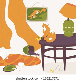 Cat destroying house plants, crockery and interior. Concept illustration with lovely ginger pet sitting on the table and drops the tea cup