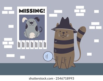 Cat detective investigator character concept. Vector design graphic illustration