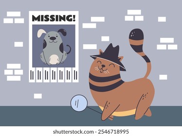 Cat detective investigator character concept. Vector design graphic illustration