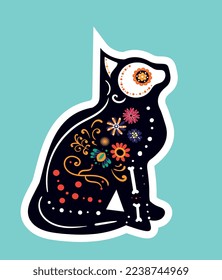 Cat dia de muertos icon. Adorable kitten in abstract bright coloring, minimalistic style. Sticker for social networks and messengers. Traditional holiday and festival. Cartoon flat vector illustration