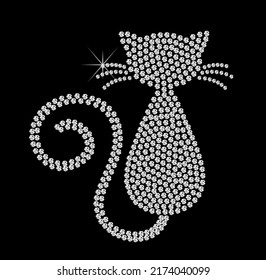 Cat of diamonds. Pattern embroidery of diamond cat.
Shiny, silver and black print with diamonds, embroidery and jewelry. Isolated fashion abstract background.