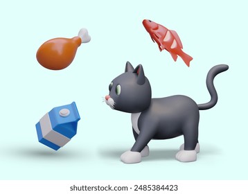 Katzendiät-Konzept. Köstliches Essen für pelzige Haustiere. 3D Katze, Fisch, gebratenes Hühnerbein, Karton mit Milch