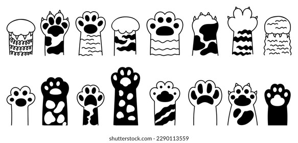 Cat different black paws. Cartoon paw icons, isolated cats or tigers doodle foot. Fun kitten elements, decorative animal decent vector graphic elements