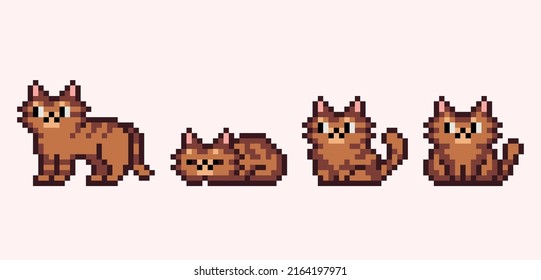 Cat in different poses pixel art set. Cute sitting, standing, sleeping kitty collection. 8 bit sprite. Game development, mobile app.  Isolated vector illustration.