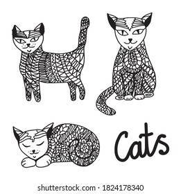 A cat in different poses and with a variety of patterns on the body. Cute serious cat drawn in a simple linear style. Doodle. Suitable for decoration of holidays, children's goods and posters.