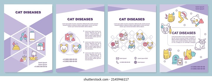 Cat diseases purple brochure template. Symptoms and treatment. Leaflet design with linear icons. 4 vector layouts for presentation, annual reports. Arial-Black, Myriad Pro-Regular fonts used