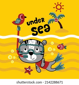 cat diving on the sea funny animal cartoon