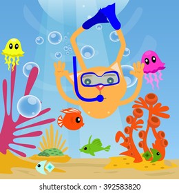 Cat diving under sea and swimming with fishes.