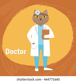 Cat doctor holding the folder in his hands. Illustration for children, veterinary clinic, brochures. Cartoon character, flat style. 