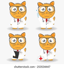 cat doctor  in medical coat and glasses with syringe, a first aid kit and a stereoscope. Vector set