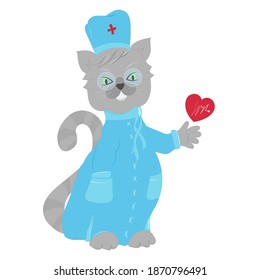 Cat doctor in medical uniform with a heart in his hand. Vector illustration