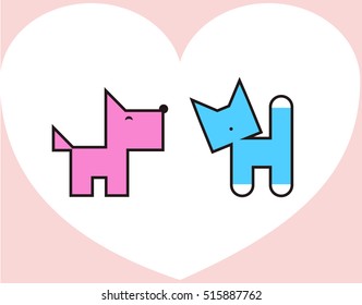 cat and dog abstract love couple card for Valentine's Day