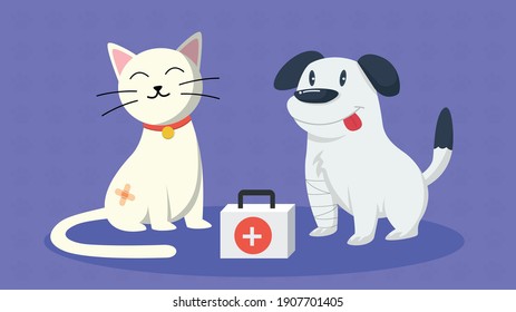 Gato y perro con un kit de ayuda. Ilustración vectorial de concepto veterinario