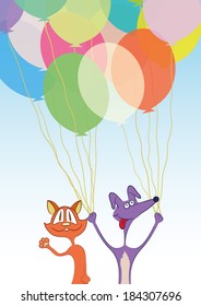 cat and dog with balloons