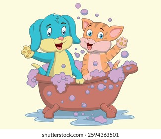 Cat and dog bathing vector illustration