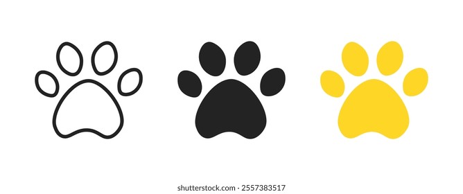 Cat, dog, bear paw icon set. Paw print symbol. Pet footprint sign. Veterinarian Service, zoo, vet logo element. Vector illustration for animal apps, websites and User Interface.