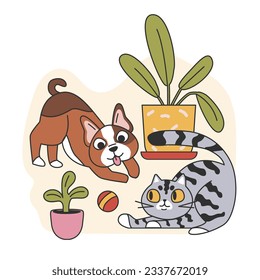 Cat and dog best friends. Cute puppy and kitten playing with each other. Funny pair of pets play together with a ball. Flat vector illustration