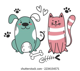 Cat and dog best friends logo line art style concept. Vector flat graphic design element concept illustration