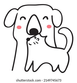Cat and dog are best friends. Outline vector illustration on white background.