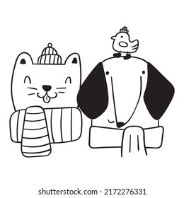 Cat and dog best friends. Vector outline illustration.