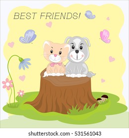 Cat and dog are the best friends. Vector illustration 