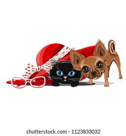 A cat and a dog in a big hat. Cheerful vector illustration.