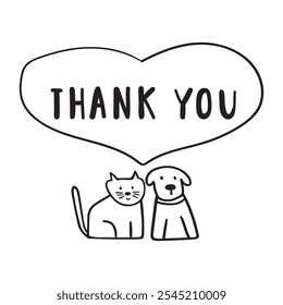 Cat and dog. Big heart with phrase - thank you. Vector hand drawn outline illustration. Best for greeting cards. White background.