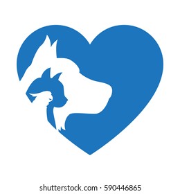 Cat and Dog with bird. Blue Heart