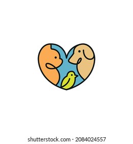 Cat, Dog And Bird Inside The Heart. Vector Symbol