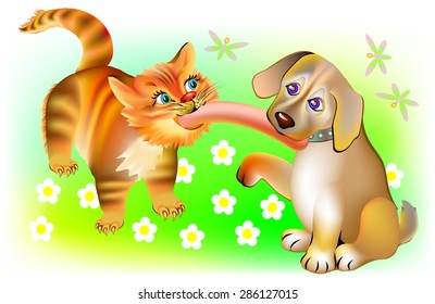 Cat and dog biting one sausage, vector cartoon image.