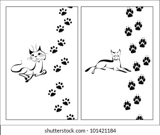 Cat and dog black and white illustration with their footsteps