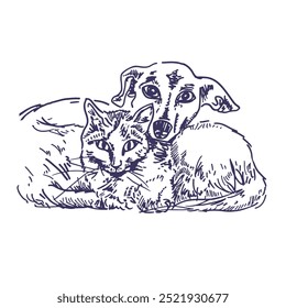 cat and dog, black and white illustration, cat and dog on white background, drawing of dog and cat, pets, eps, vector graphics, favorite animals