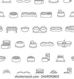 Cat and dog bowl. Seamless pattern. Coloring Page. Pet food. Veterinary shop merchandise. Hand drawn style. Vector drawing. Design ornaments.