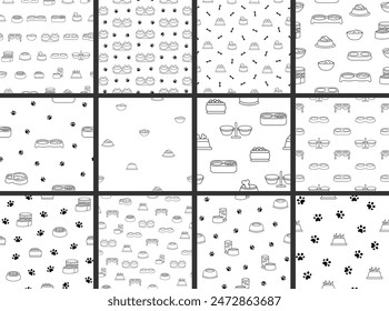 Cat and dog bowl. Seamless pattern. Coloring Page. Pet food. Veterinary shop merchandise. Hand drawn style. Vector drawing.