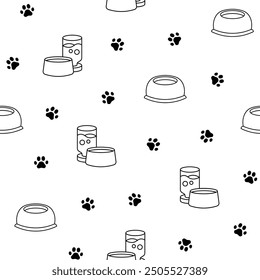 Cat and dog bowl. Seamless pattern. Coloring Page. Pet food. Veterinary shop merchandise. Hand drawn style. Vector drawing. Design ornaments.