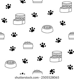 Cat and dog bowl. Seamless pattern. Coloring Page. Pet food. Veterinary shop merchandise. Hand drawn style. Vector drawing. Design ornaments.