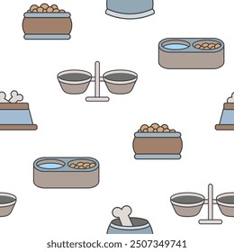Cuenco para gatos y perros. Patrón sin fisuras. Comida para mascotas. Mercancía de tienda veterinaria. Estilo dibujado a mano. Dibujo de Vector. Diseña adornos.
