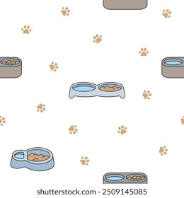 Cat and dog bowl. Seamless pattern. Pet food. Veterinary shop merchandise. Hand drawn style. Vector drawing. Design ornaments.