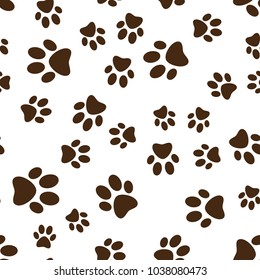 Cat or dog brown paw prints vector seamless pattern or background