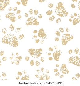 Cat or dog brown paw prints on white seamless pattern, vector