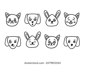 Gato, perro y conejito cabeza diferentes expresiones faciales, línea doodle conjunto de caracteres. Dibujado a mano delinean la emoción en el hocico de la cara del animal. Feliz, enojado, triste y otro sentimiento. Ilustración vectorial