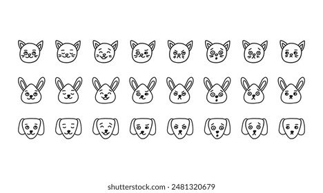 Gato, perro y conejito cabeza diferentes expresiones faciales, línea doodle conjunto de caracteres. Dibujado a mano delinean la emoción en el hocico de la cara del animal. Feliz, enojado, triste y otro sentimiento. Ilustración vectorial